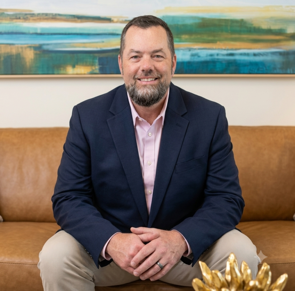 Man in a navy blazer and pink shirt sits on a brown sofa, smiling